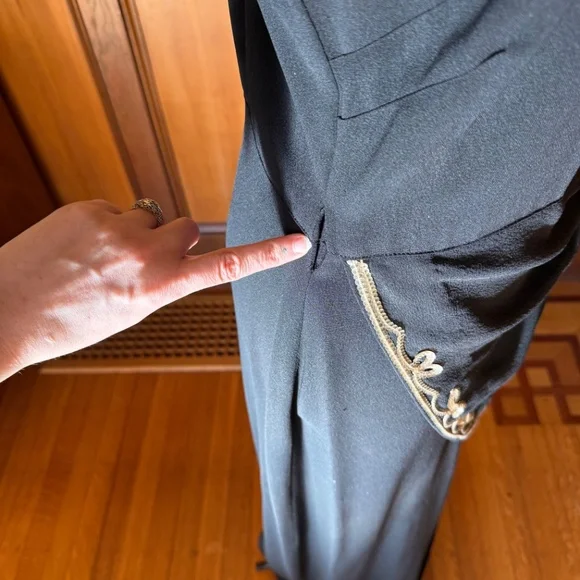 Vintage 40s 1940s Gown Maxi Dress, Black Gold Sequin, Asymmetrical Peplum Rayon - Picture 7 of 8